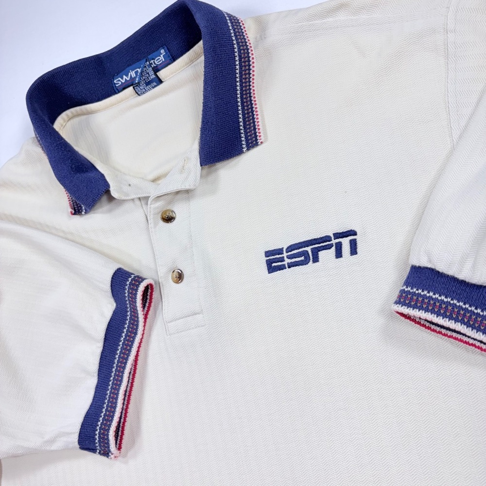 Vintage 90s Swingster ESPN Promo Embroidered Polo Shirt Mens L Cream Made in USA
